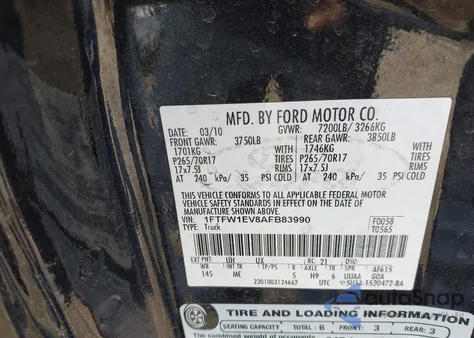 2010 Ford F-150 Fx4/Harley-Davidson/King Ranch/Lariat/Platinum/Xl/Xlt из США, поврежденный, VIN 1FTFW1EV8AFB83990